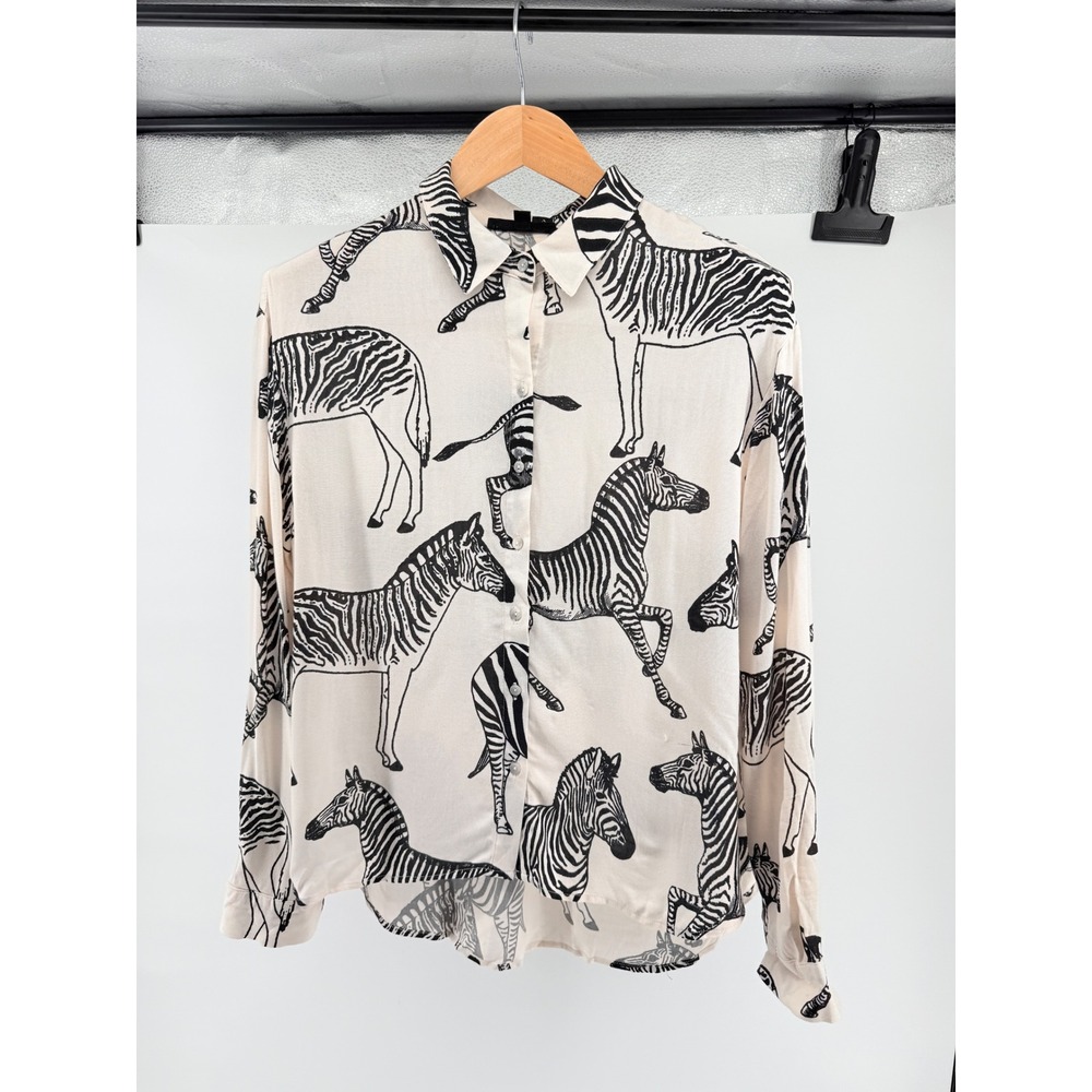 Jane + Delancey Womens Medium Zebra Print Button Down Shirt Cream Black Rayon M